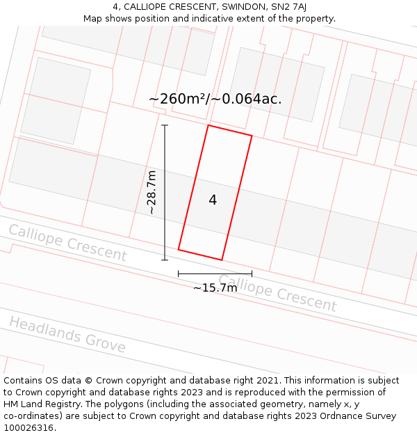 4, CALLIOPE CRESCENT, SWINDON, SN2 7AJ: Plot and title map
