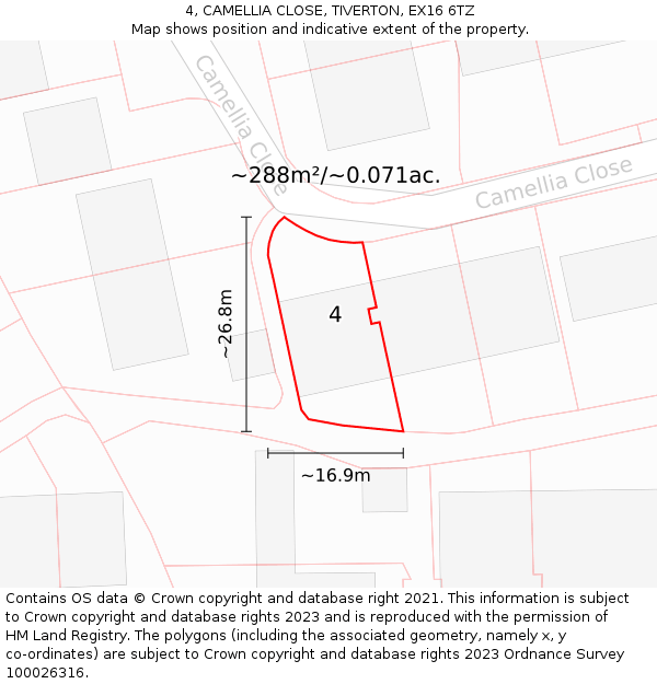 4, CAMELLIA CLOSE, TIVERTON, EX16 6TZ: Plot and title map
