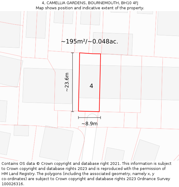 4, CAMELLIA GARDENS, BOURNEMOUTH, BH10 4FJ: Plot and title map