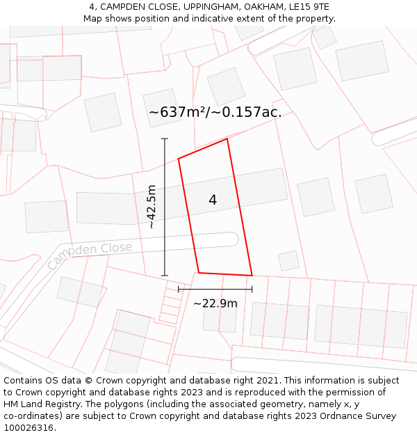 4, CAMPDEN CLOSE, UPPINGHAM, OAKHAM, LE15 9TE: Plot and title map