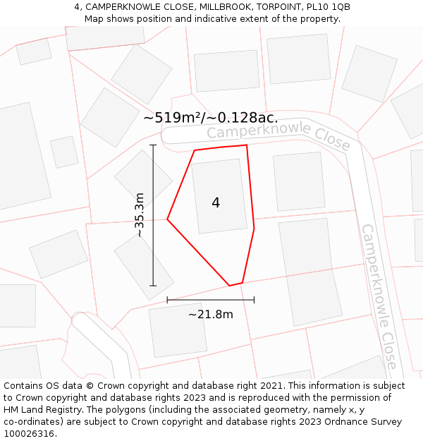 4, CAMPERKNOWLE CLOSE, MILLBROOK, TORPOINT, PL10 1QB: Plot and title map