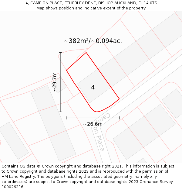 4, CAMPION PLACE, ETHERLEY DENE, BISHOP AUCKLAND, DL14 0TS: Plot and title map