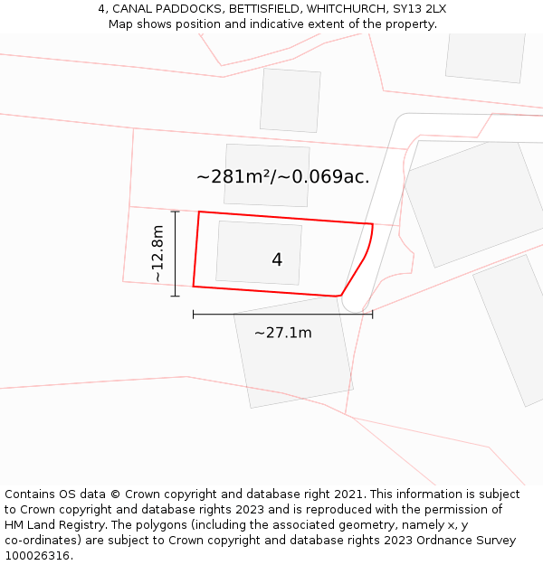 4, CANAL PADDOCKS, BETTISFIELD, WHITCHURCH, SY13 2LX: Plot and title map