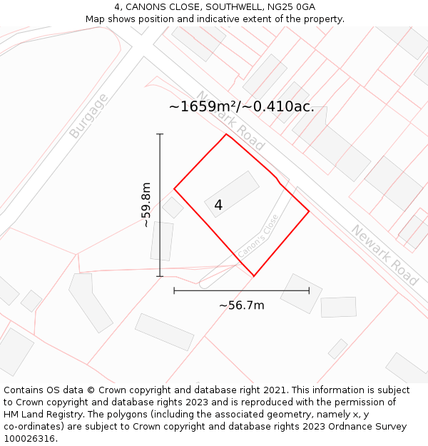 4, CANONS CLOSE, SOUTHWELL, NG25 0GA: Plot and title map