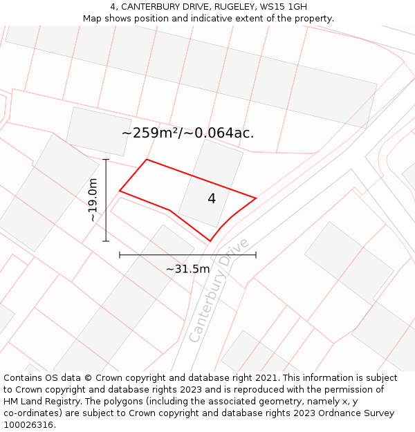 4, CANTERBURY DRIVE, RUGELEY, WS15 1GH: Plot and title map