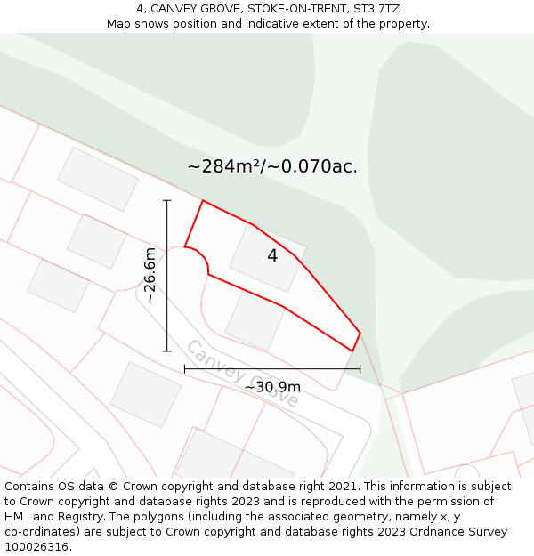 4, CANVEY GROVE, STOKE-ON-TRENT, ST3 7TZ: Plot and title map