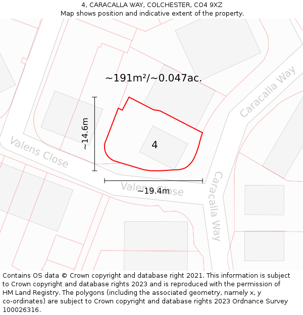 4, CARACALLA WAY, COLCHESTER, CO4 9XZ: Plot and title map