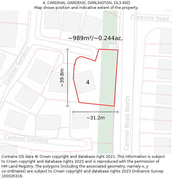 4, CARDINAL GARDENS, DARLINGTON, DL3 8SD: Plot and title map