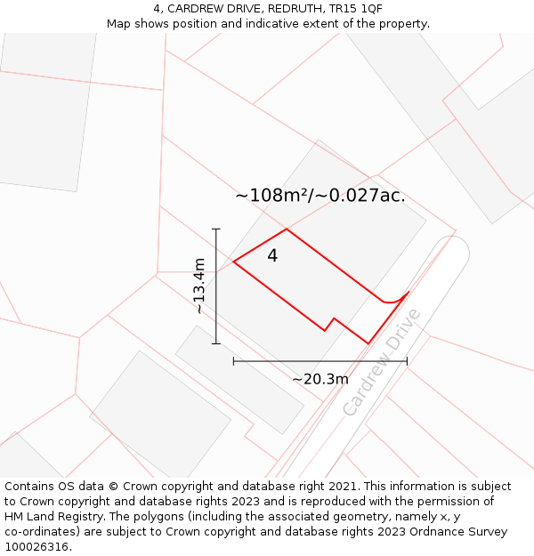 4, CARDREW DRIVE, REDRUTH, TR15 1QF: Plot and title map