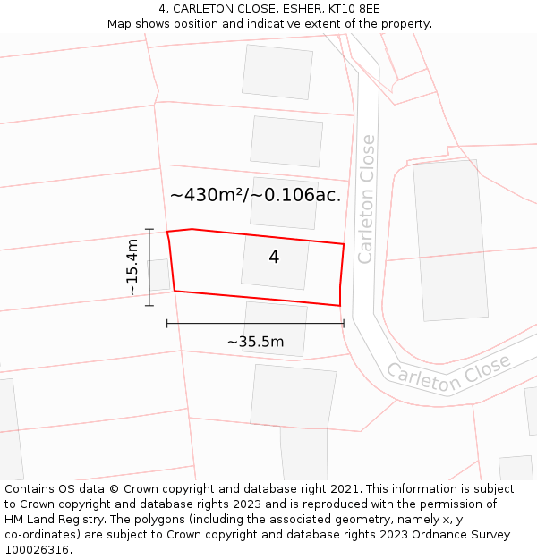 4, CARLETON CLOSE, ESHER, KT10 8EE: Plot and title map
