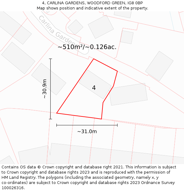 4, CARLINA GARDENS, WOODFORD GREEN, IG8 0BP: Plot and title map