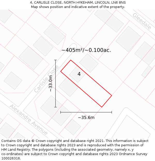 4, CARLISLE CLOSE, NORTH HYKEHAM, LINCOLN, LN6 8NS: Plot and title map