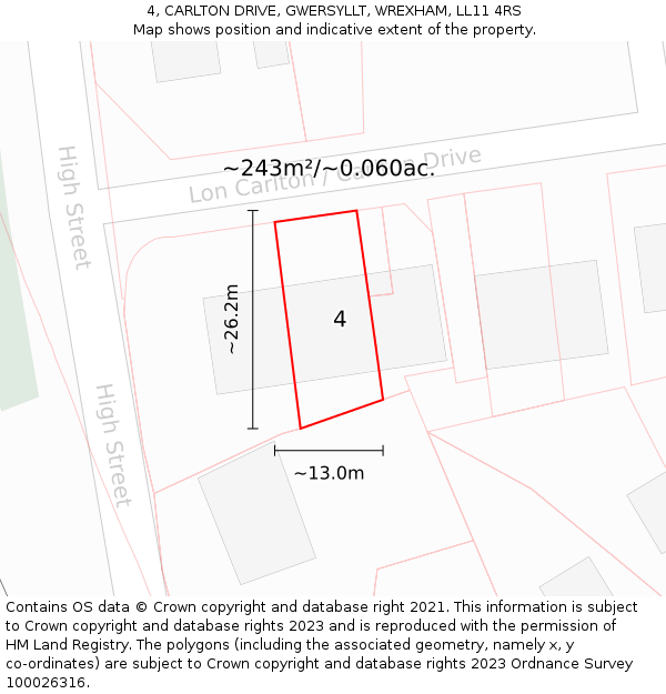 4, CARLTON DRIVE, GWERSYLLT, WREXHAM, LL11 4RS: Plot and title map