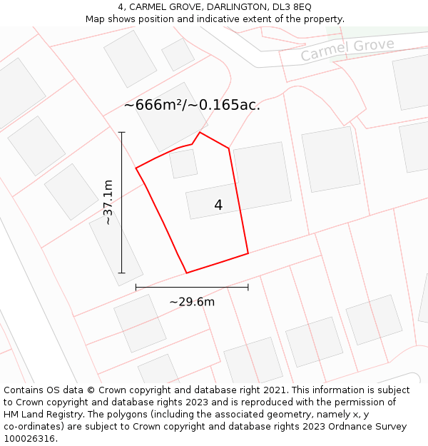 4, CARMEL GROVE, DARLINGTON, DL3 8EQ: Plot and title map