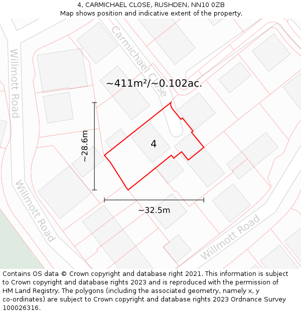 4, CARMICHAEL CLOSE, RUSHDEN, NN10 0ZB: Plot and title map
