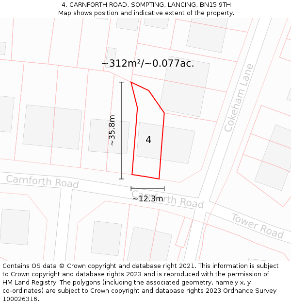 4, CARNFORTH ROAD, SOMPTING, LANCING, BN15 9TH: Plot and title map