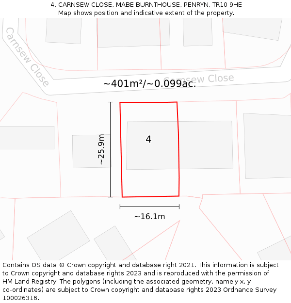 4, CARNSEW CLOSE, MABE BURNTHOUSE, PENRYN, TR10 9HE: Plot and title map