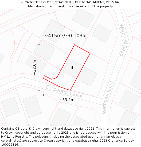 4, CARPENTER CLOSE, STAPENHILL, BURTON-ON-TRENT, DE15 9AL: Plot and title map