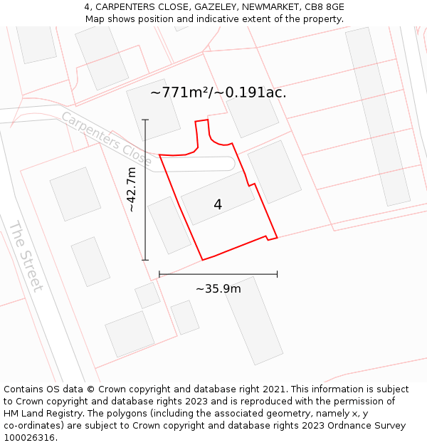 4, CARPENTERS CLOSE, GAZELEY, NEWMARKET, CB8 8GE: Plot and title map