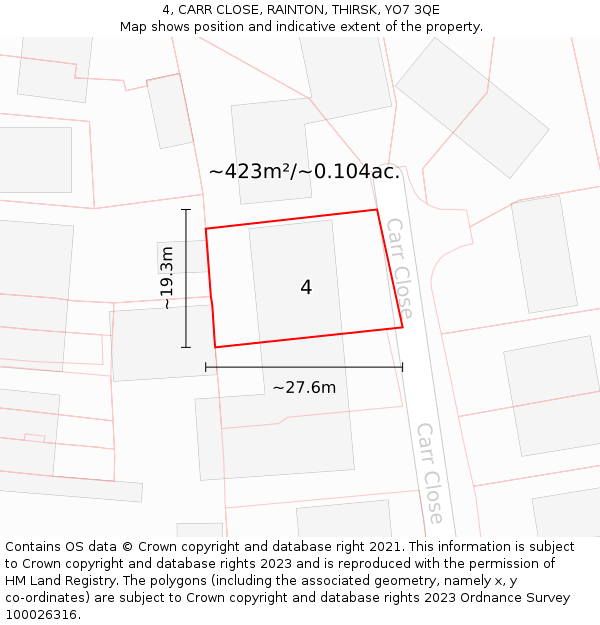 4, CARR CLOSE, RAINTON, THIRSK, YO7 3QE: Plot and title map