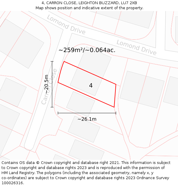 4, CARRON CLOSE, LEIGHTON BUZZARD, LU7 2XB: Plot and title map