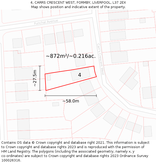 4, CARRS CRESCENT WEST, FORMBY, LIVERPOOL, L37 2EX: Plot and title map