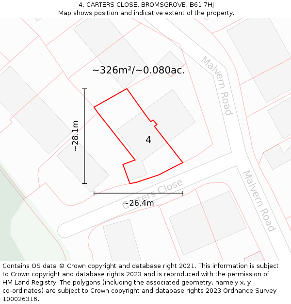 4, CARTERS CLOSE, BROMSGROVE, B61 7HJ: Plot and title map