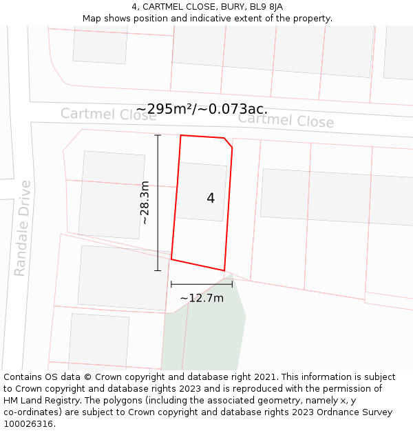 4, CARTMEL CLOSE, BURY, BL9 8JA: Plot and title map