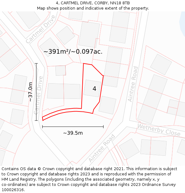 4, CARTMEL DRIVE, CORBY, NN18 8TB: Plot and title map