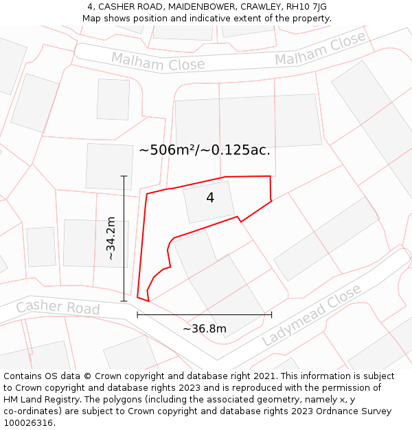4, CASHER ROAD, MAIDENBOWER, CRAWLEY, RH10 7JG: Plot and title map