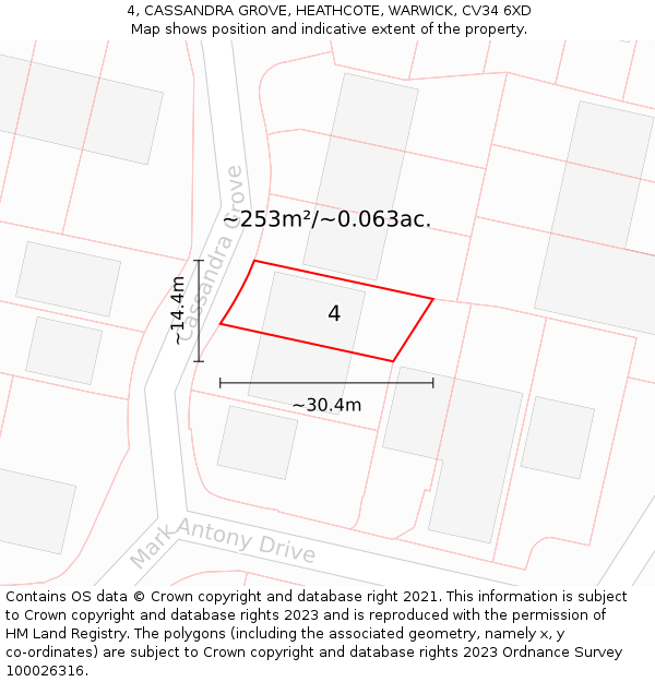 4, CASSANDRA GROVE, HEATHCOTE, WARWICK, CV34 6XD: Plot and title map