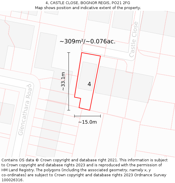 4, CASTLE CLOSE, BOGNOR REGIS, PO21 2FG: Plot and title map