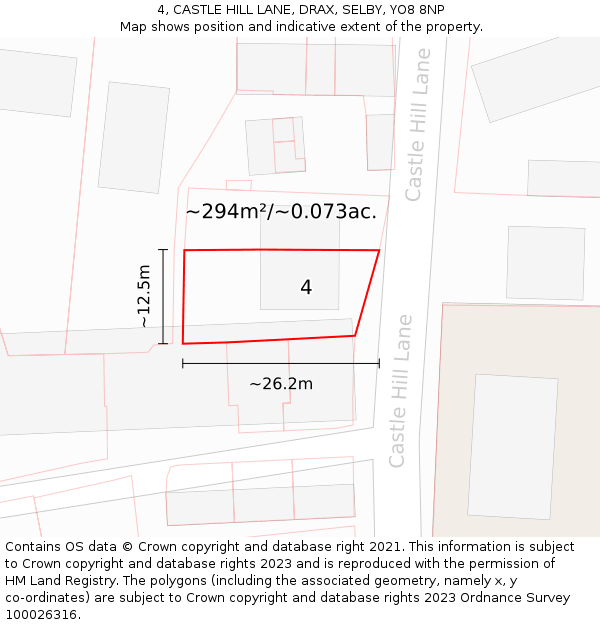 4, CASTLE HILL LANE, DRAX, SELBY, YO8 8NP: Plot and title map