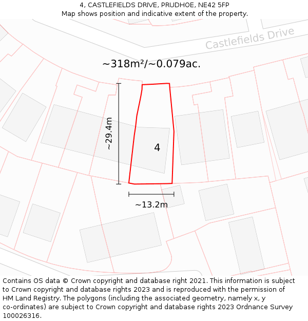 4, CASTLEFIELDS DRIVE, PRUDHOE, NE42 5FP: Plot and title map