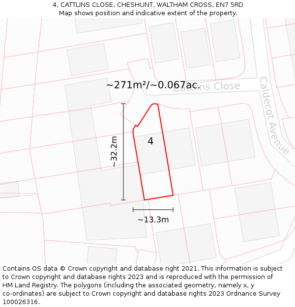 4, CATTLINS CLOSE, CHESHUNT, WALTHAM CROSS, EN7 5RD: Plot and title map