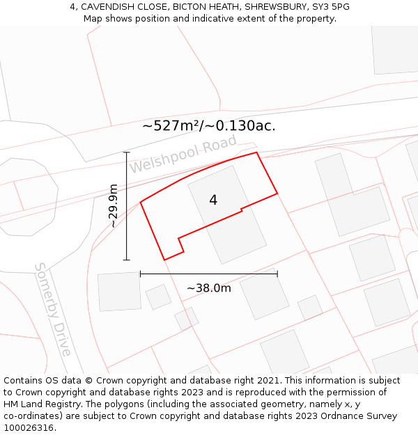 4, CAVENDISH CLOSE, BICTON HEATH, SHREWSBURY, SY3 5PG: Plot and title map