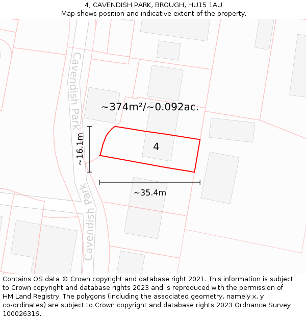 4, CAVENDISH PARK, BROUGH, HU15 1AU: Plot and title map