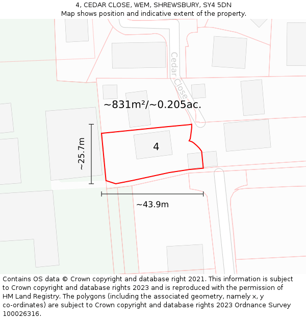 4, CEDAR CLOSE, WEM, SHREWSBURY, SY4 5DN: Plot and title map