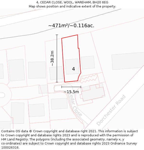 4, CEDAR CLOSE, WOOL, WAREHAM, BH20 6EG: Plot and title map