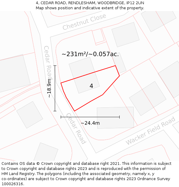 4, CEDAR ROAD, RENDLESHAM, WOODBRIDGE, IP12 2UN: Plot and title map
