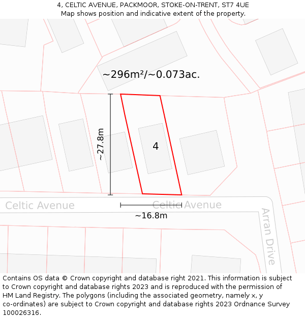 4, CELTIC AVENUE, PACKMOOR, STOKE-ON-TRENT, ST7 4UE: Plot and title map