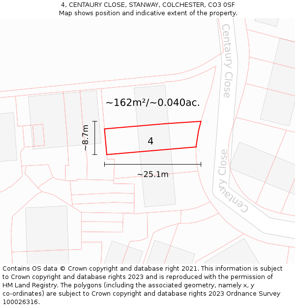 4, CENTAURY CLOSE, STANWAY, COLCHESTER, CO3 0SF: Plot and title map