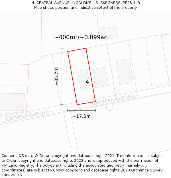 4, CENTRAL AVENUE, INGOLDMELLS, SKEGNESS, PE25 1LB: Plot and title map