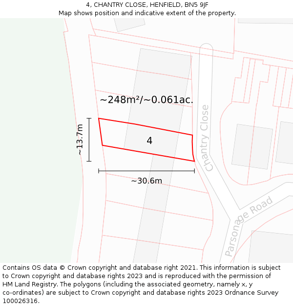 4, CHANTRY CLOSE, HENFIELD, BN5 9JF: Plot and title map