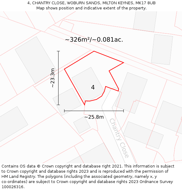 4, CHANTRY CLOSE, WOBURN SANDS, MILTON KEYNES, MK17 8UB: Plot and title map