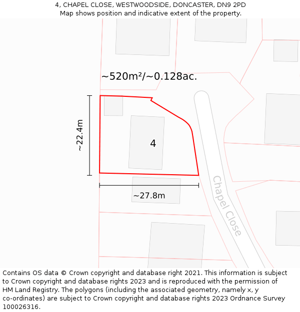 4, CHAPEL CLOSE, WESTWOODSIDE, DONCASTER, DN9 2PD: Plot and title map