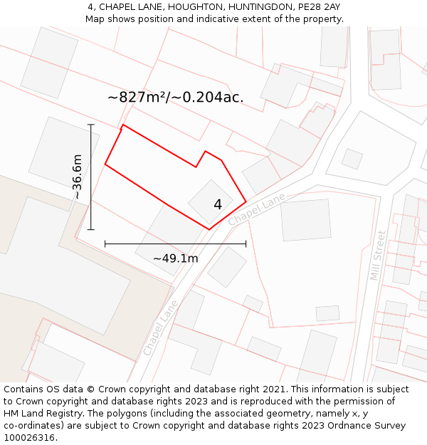 4, CHAPEL LANE, HOUGHTON, HUNTINGDON, PE28 2AY: Plot and title map