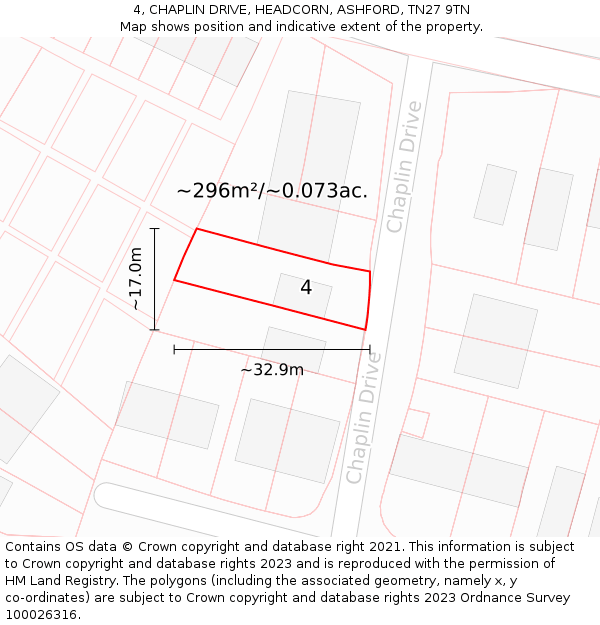 4, CHAPLIN DRIVE, HEADCORN, ASHFORD, TN27 9TN: Plot and title map