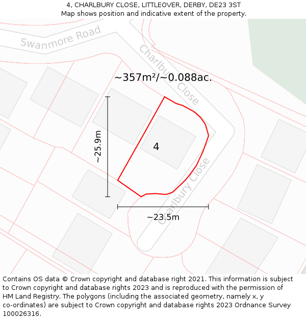 4, CHARLBURY CLOSE, LITTLEOVER, DERBY, DE23 3ST: Plot and title map