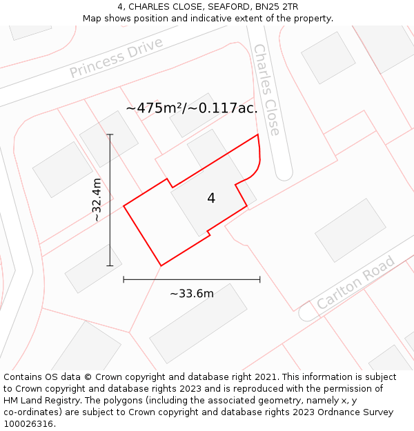 4, CHARLES CLOSE, SEAFORD, BN25 2TR: Plot and title map
